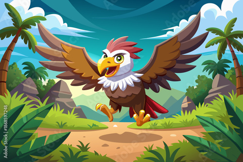 A cartoon eagle flying with wide wings and bold shapes, designed in friendly vector style suitable for kids learning, logos, and animated concepts.