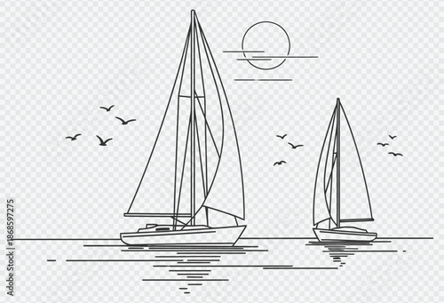 Sailboats sailing on calm waters with birds flying overhead under the sun