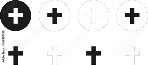 Medical and religious cross icon set featuring various black and white plus signs and crucifix symbols for icons.