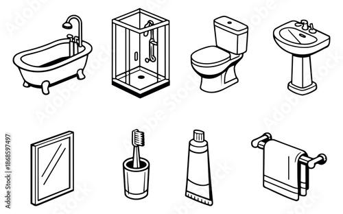 Isometric line art bathroom elements set featuring a bathtub, shower, toilet, sink, mirror, and hygiene items for home design and personal care concepts