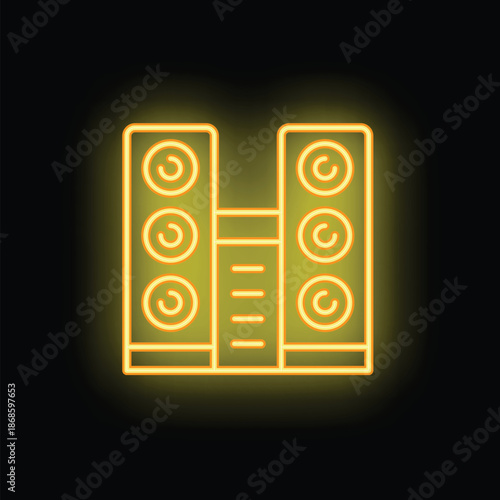 Neon audio system icon glowing on dark background with stereo speakers and equalizer