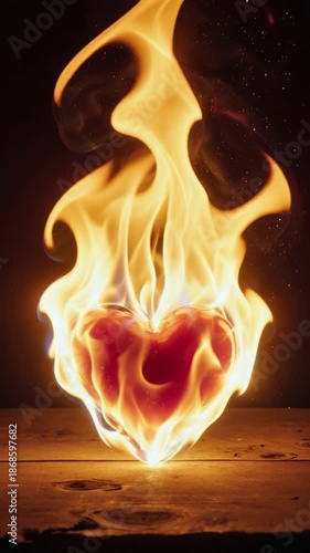 Heart burning with flames on a wooden surface, passion and love