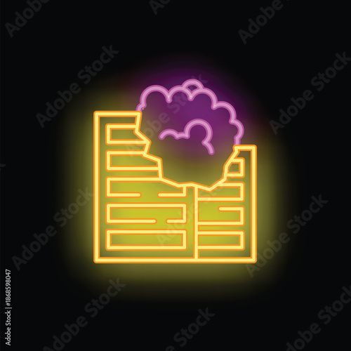 Neon icon of an explosion breaking through a brick wall
