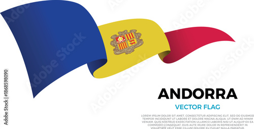Flag of Andorra. Andorran and European Culture. Shining flag with realistic shadows waving in three layers. The elegant curves and realistic shading create a sense of motion