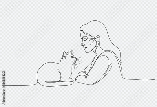 Woman and cat in continuous line art, minimalist illustration of pet and owner bonding