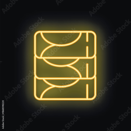 Yellow neon icon of three stacked credit cards is glowing on a black background