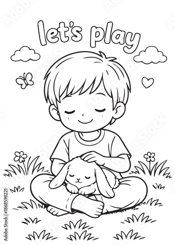 coloring book boy sitting on grass hugging cute rabbit outdoor playtime
