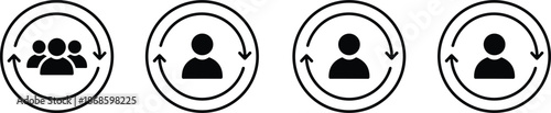 User profile icon set with circular refresh arrows representing human resources, team management, and employee lifecycle for business.