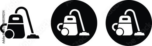 Vacuum cleaner icon set featuring black and white appliance symbols for house cleaning, sanitation, home maintenance, and household services.