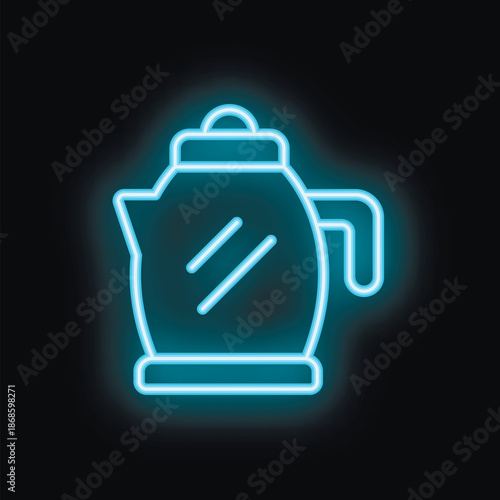Blue neon sign of a classic coffee pot glowing on black background