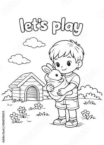 coloring book  boy standing holding rabbit near small wooden house