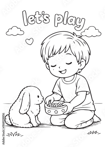 coloring book boy kneeling feeding rabbit from bowl calm interaction