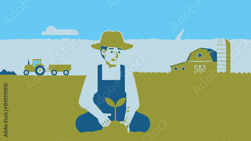 Diligent Farmer in Overalls and Hat Planting a Young Sprout in a Green Field with a Barn and Tractor in the Background, Representing Rural Agriculture.