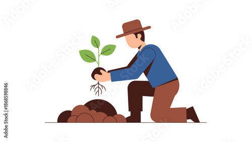 Diligent Man Planting a Green Sprout with Visible Roots into Soil, Symbolizing Growth and Agricultural Nurturing, on an Isolated White Background.