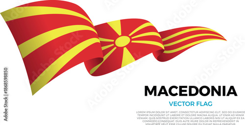 Flag of North Macedonia. Macedonian and Mediterranean Culture. Shining flag with realistic shadows waving in three layers. The elegant curves and realistic shading create a sense of motion