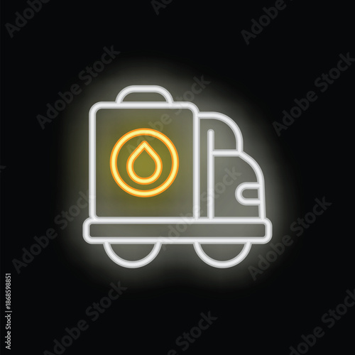 Bright glowing yellow and white neon icon of a tanker truck transporting oil or water on a black background