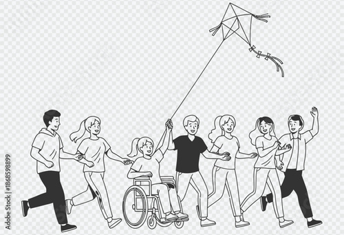 Group of people running with kite in hand together, one person in wheelchair, illustrating teamwork and inclusivity