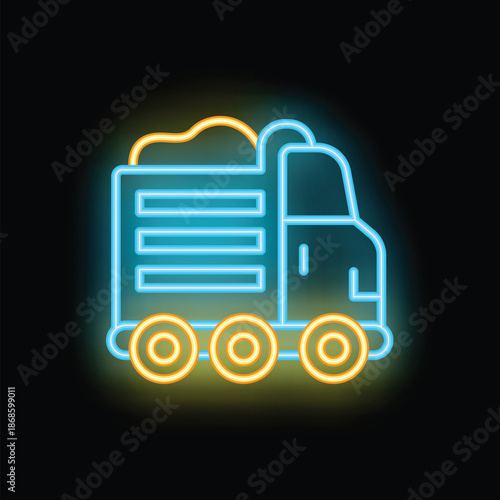 Simple icon of a dump truck carrying a full load, outlined in blue and yellow neon light