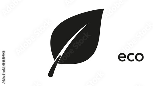 Black Leaf with 'Eco' Text, Symbolizing Ecology and Environmental Friendliness, isolated white background.
