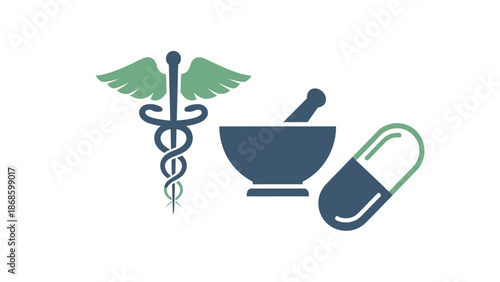 Green Caduceus, Blue Mortar and Pestle with Green Capsule Pill, Representing Pharmacy and Medical Services, isolated white background.