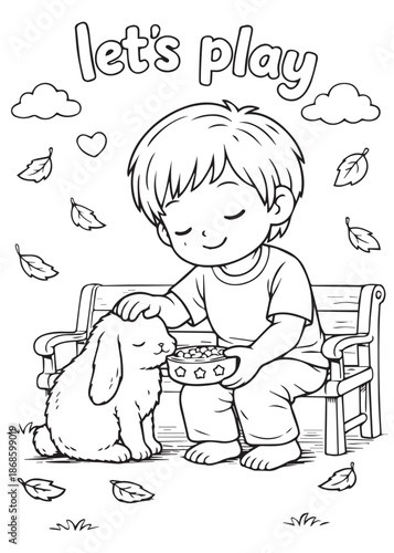 coloring book boy sitting on bench feeding rabbit autumn leaves scene