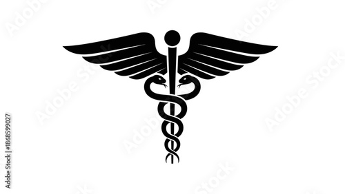 Black Caduceus Medical Symbol Icon, isolated white background.