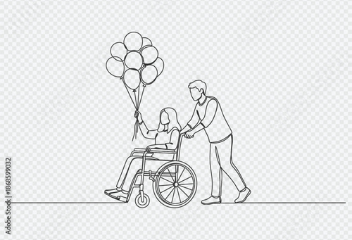 Caring man pushing woman in wheelchair with balloons in a heartwarming scene of support and joy