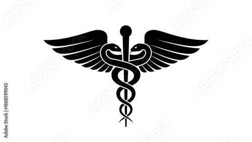 Black Caduceus Medical Symbol Icon, isolated white background.