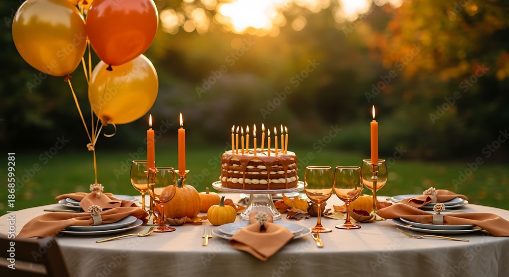custom made wallpaper toronto digitalAutumnal outdoor dinner table setting with a cake, candles, balloons, and seasonal decorations on a sunny lawn.