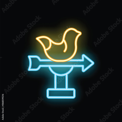 Glowing neon sign representing a weathervane with a bird showing the wind direction on a black background