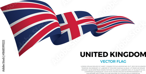Flag of United Kingdom. British and European Culture. Shining flag with realistic shadows waving in three layers. The elegant curves and realistic shading create a sense of motion