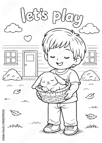coloring book boy standing holding basket with sleeping rabbit