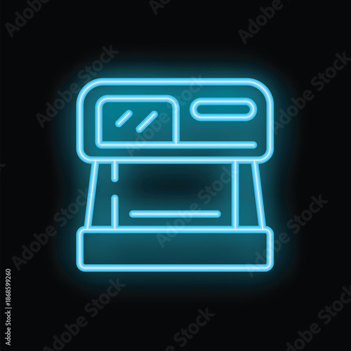 Bright blue neon sign showing a coffee maker brewing fresh coffee in the kitchen