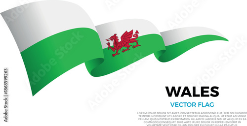 Flag of Wales. British and European Culture. Shining flag with realistic shadows waving in three layers. The elegant curves and realistic shading create a sense of motion