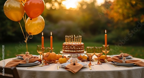 Wallpaper Mural Autumnal outdoor dinner table setting with a cake, candles, balloons, and seasonal decorations on a sunny lawn. Torontodigital.ca