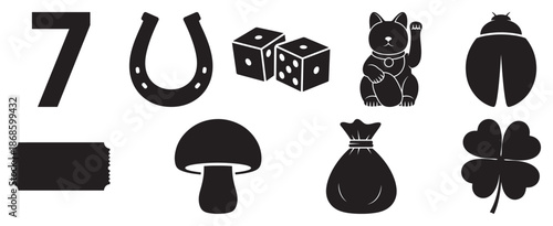 Silhouette lucky symbol icon vector set with number horseshoe dice cat and clover elements