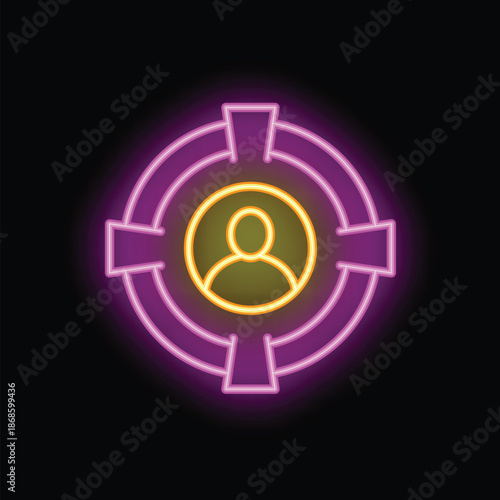 Neon icon of a target audience is glowing, representing the concept of client focus in business strategy