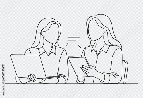 Two women engaged in conversation while using laptops and tablets in a collaborative work environment