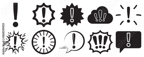 Silhouette warning alert exclamation icon vector set with badge bubble clock and message symbols
