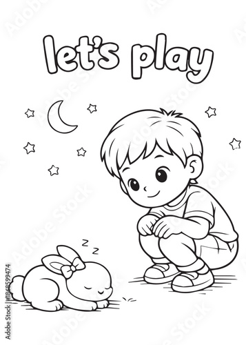 coloring book boy crouching watching rabbit sleeping under moon and stars