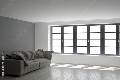 modern empty bright room with sofa and pillows on it interior design. 3D illustration