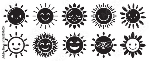Silhouette sun face icon vector set with smile weather emotion and cartoon symbols