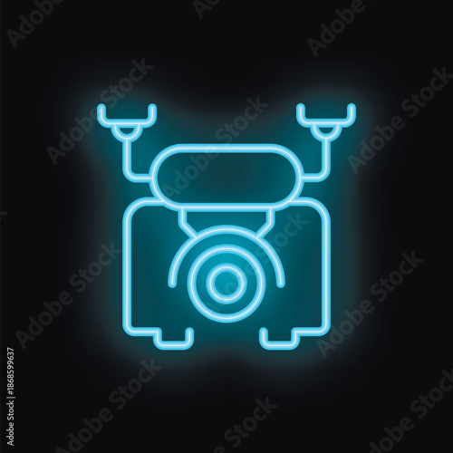 Blue neon sign representing a drone recording a video, on a black background
