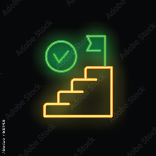 Neon sign illustrating the concept of achieving goals with a check mark and flag at the top of stairs