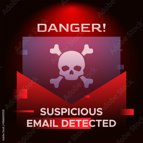 Phishing alert notification with email icon and skull symbol on dark futuristic background. Cyber security concept for unverified sender, mail fraud, and digital data protection awareness. email sign