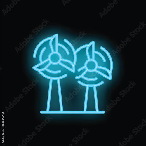 Blue neon icon of two wind turbines generating clean energy, isolated on a black background
