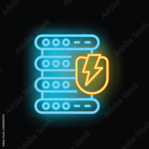 Neon server icon glowing on dark background representing data protection and cybersecurity
