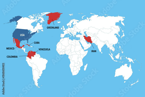 United States Map Highlighting Countries in Recent US Foreign Policy Disputes