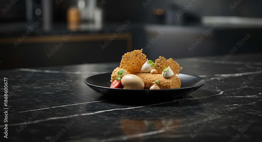 custom made wallpaper toronto digitalClose-up shot of assorted food on a black plate atop a dark marble countertop with blurred kitchen background.