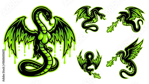 Green and Black Winged Dragon Esports Logo Vector Illustrations with Slime Effects